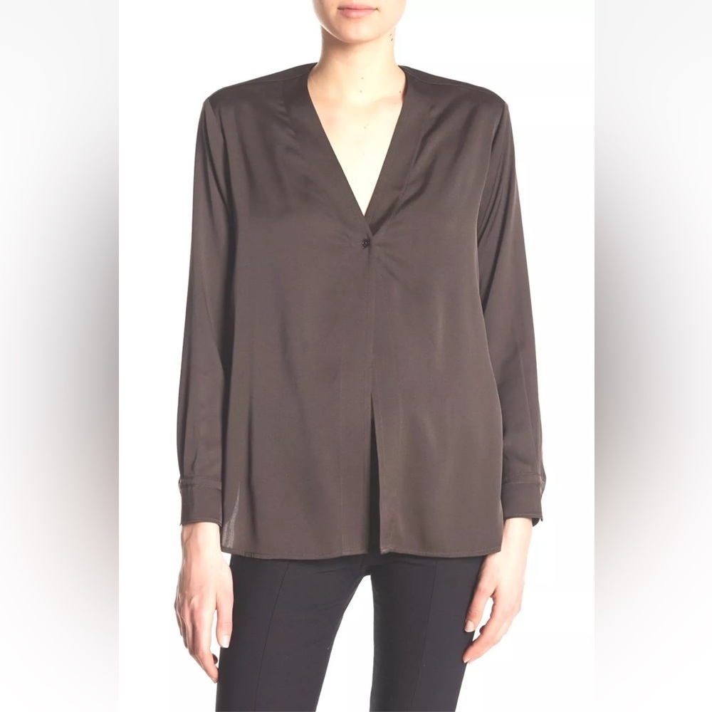 Vince Silk Blend V-Neck Blouse Capers Brown Long Sleeve Minimalist Top Sz Medium - Picture 2 of 12